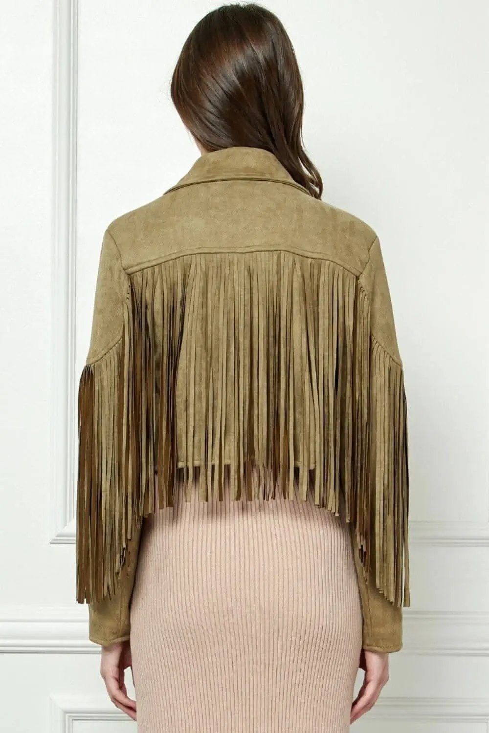Veveret Suede Fringe Long Sleeve Moto Jacket - Love Salve